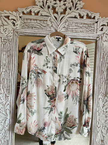 90s Vintage Floral Print Linen Cotton Rayon Blend Button Down Blouse Top M/L
