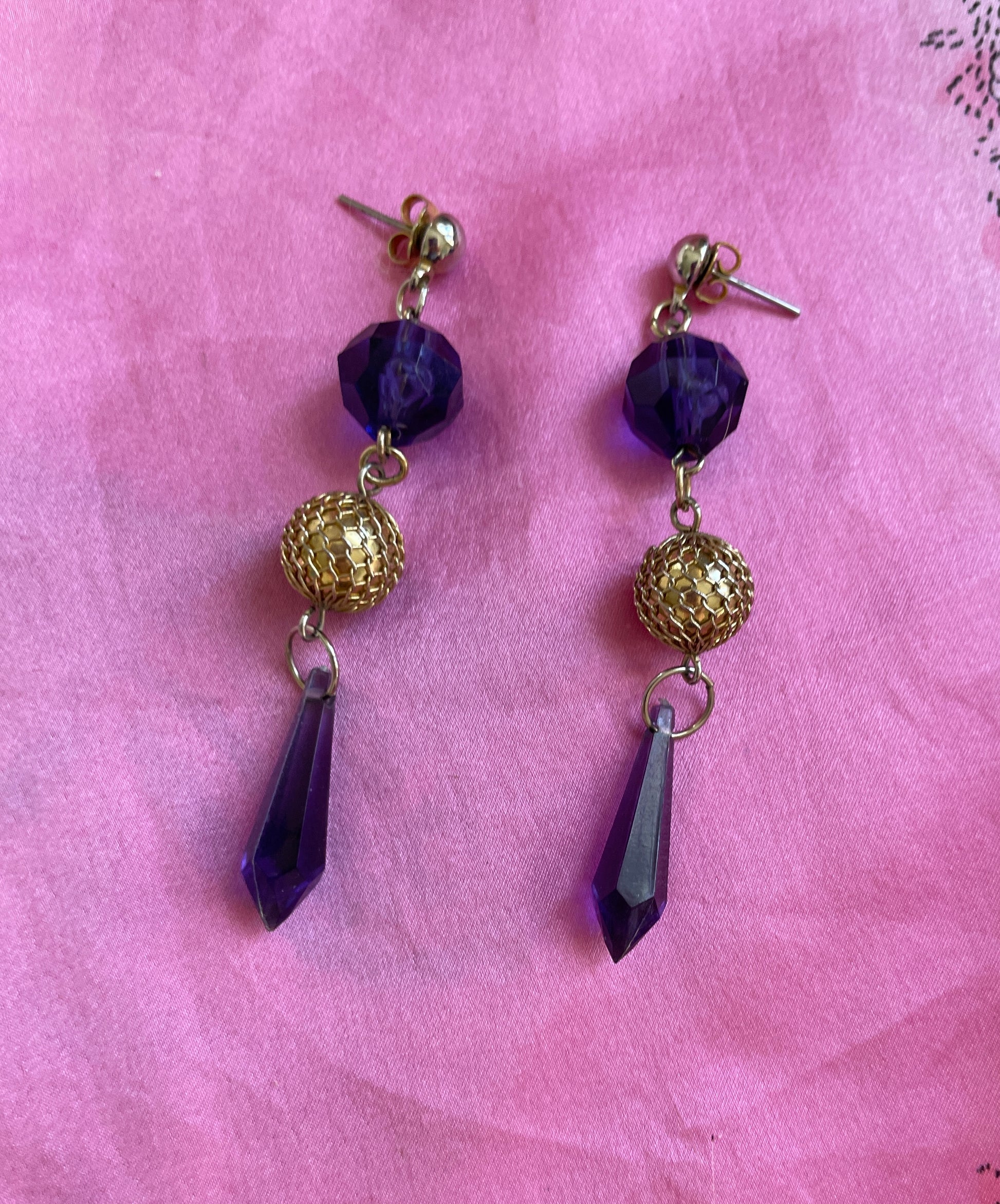  70s Blue Glass Brooch Purple Earring Set