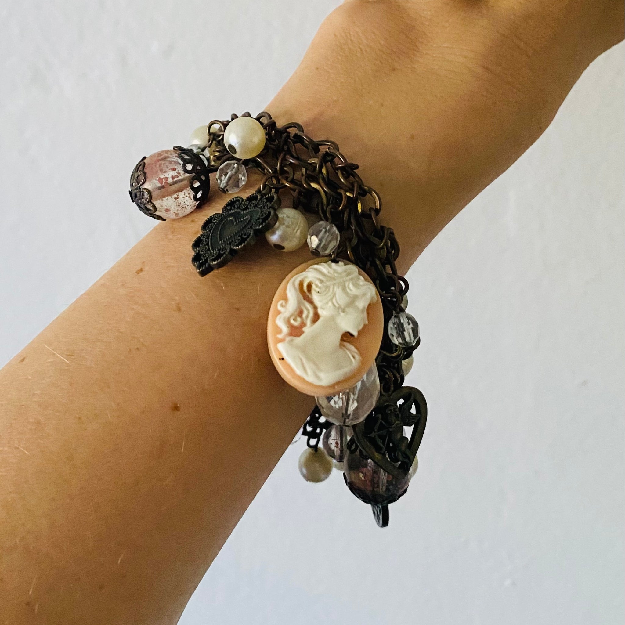 Vintage 3 Bronze Chains Cherub Portrait Loaded Charm Bracelet