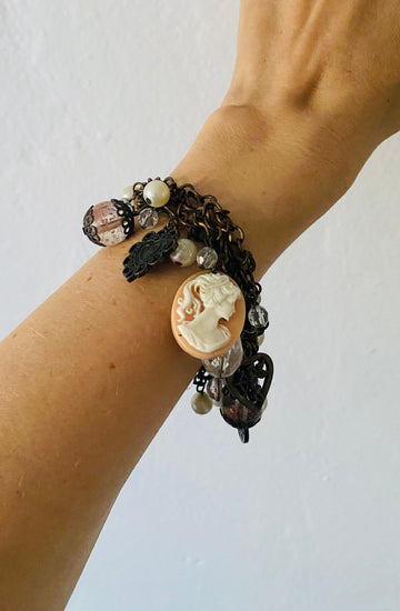 Vintage 3 Bronze Chains Cherub Portrait Loaded Charm Bracelet