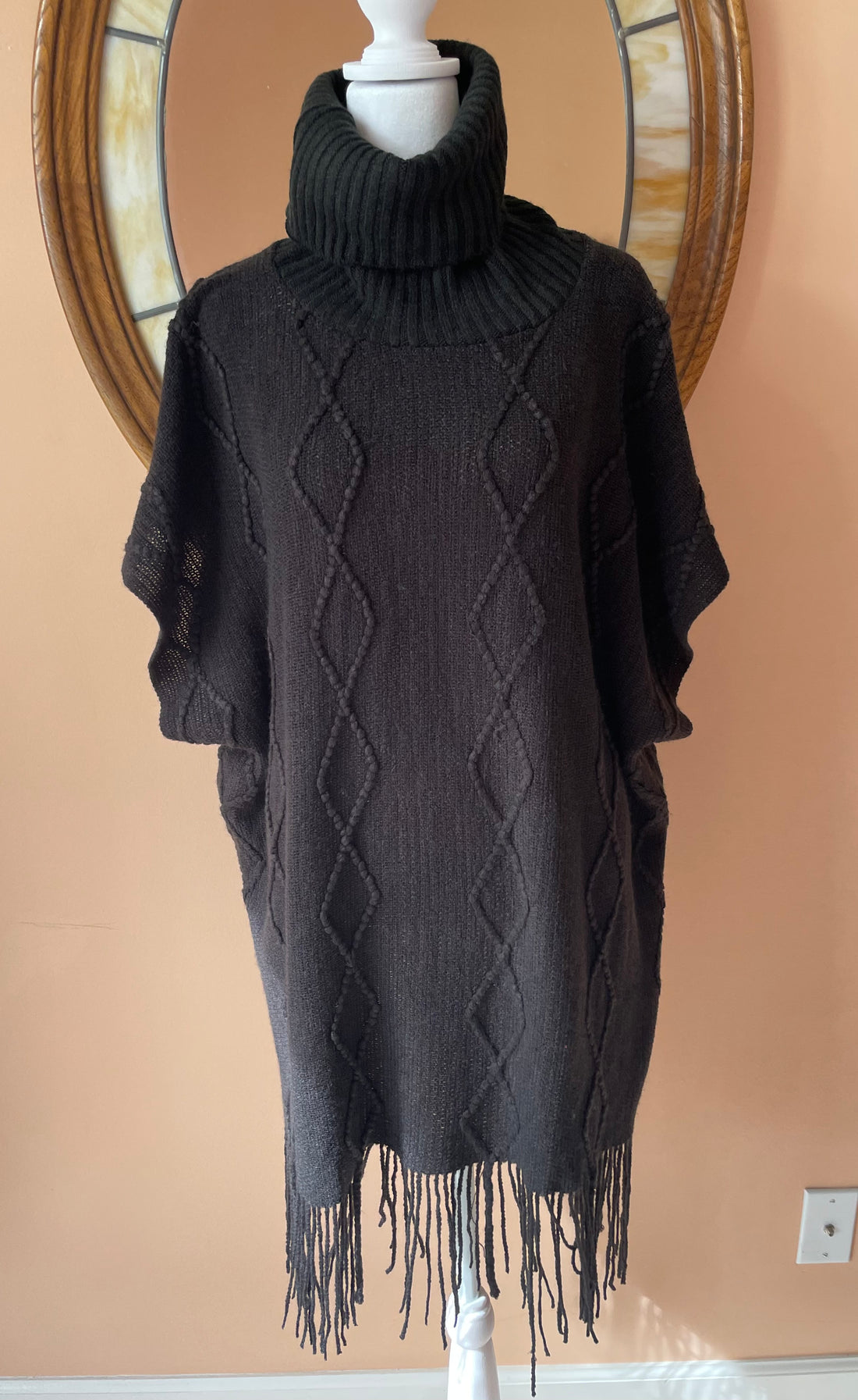 Black Acrylic Knit Fringed Boho Sweater Dress Free Size.