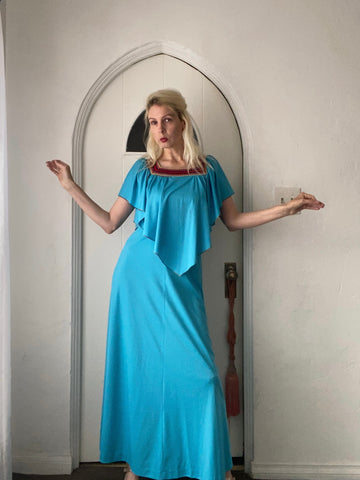 Vintage 70s Blue Poly Sleeveless Cape Maxi Disco Dress Sm