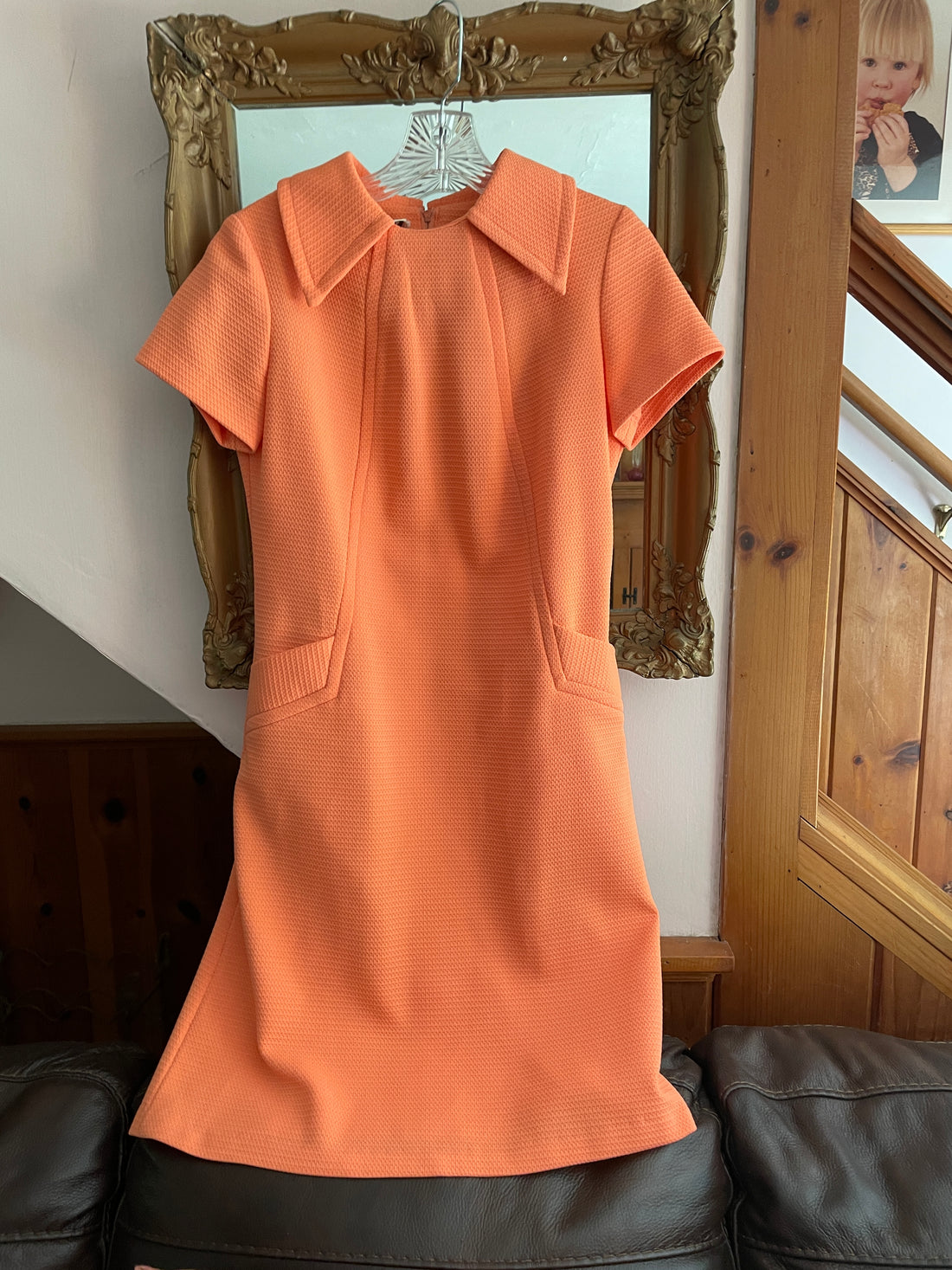 70s Mod Style Coral Poly Faux Flap Pocket Cool Dress S