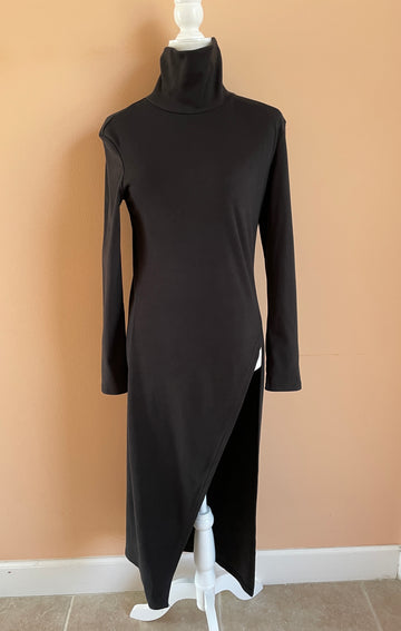 2000s Black High Slit Turtleneck Midi Tunic Dress.