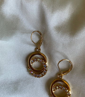 2000s Gold Tone Double Circle Iridescent Crystal Lever Back Pierced Earrings