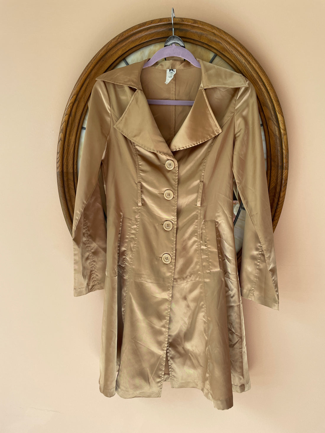 2000s Gold Poly Button Front Pockets Matching Belt High Waist Trench Coat S