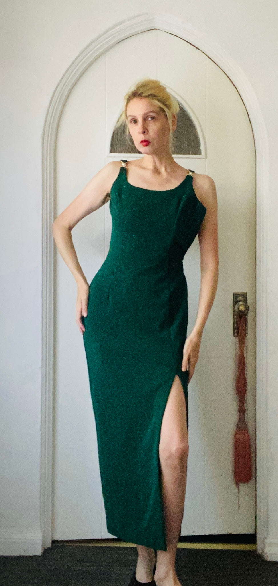 80s Vintage Scott McClintock Green Sparkly High Slit Glam Maxi Dress X/S