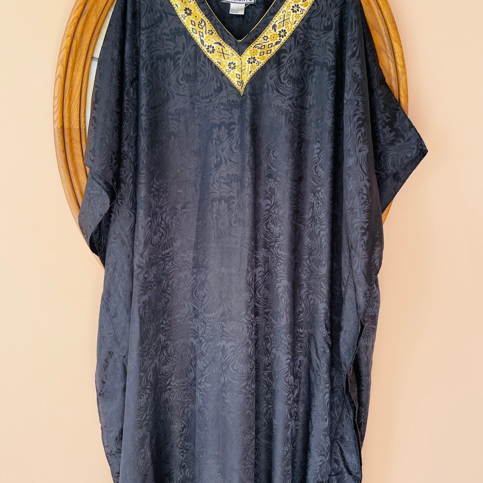 90s Vintage Black Poly Gold Neckline Trim Maxi Lounge Caftan Free Size Plus Size