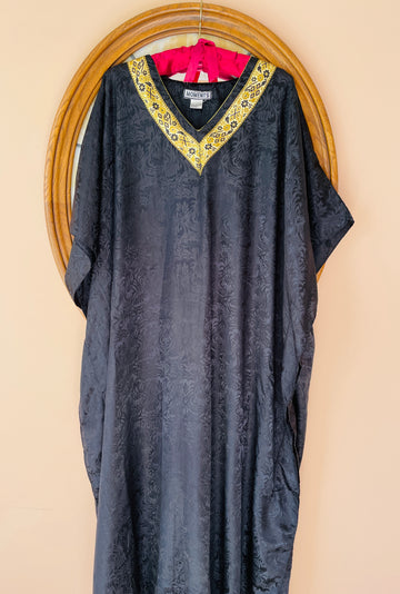 90s Vintage Black Poly Gold Neckline Trim Maxi Lounge Caftan Free Size Plus Size