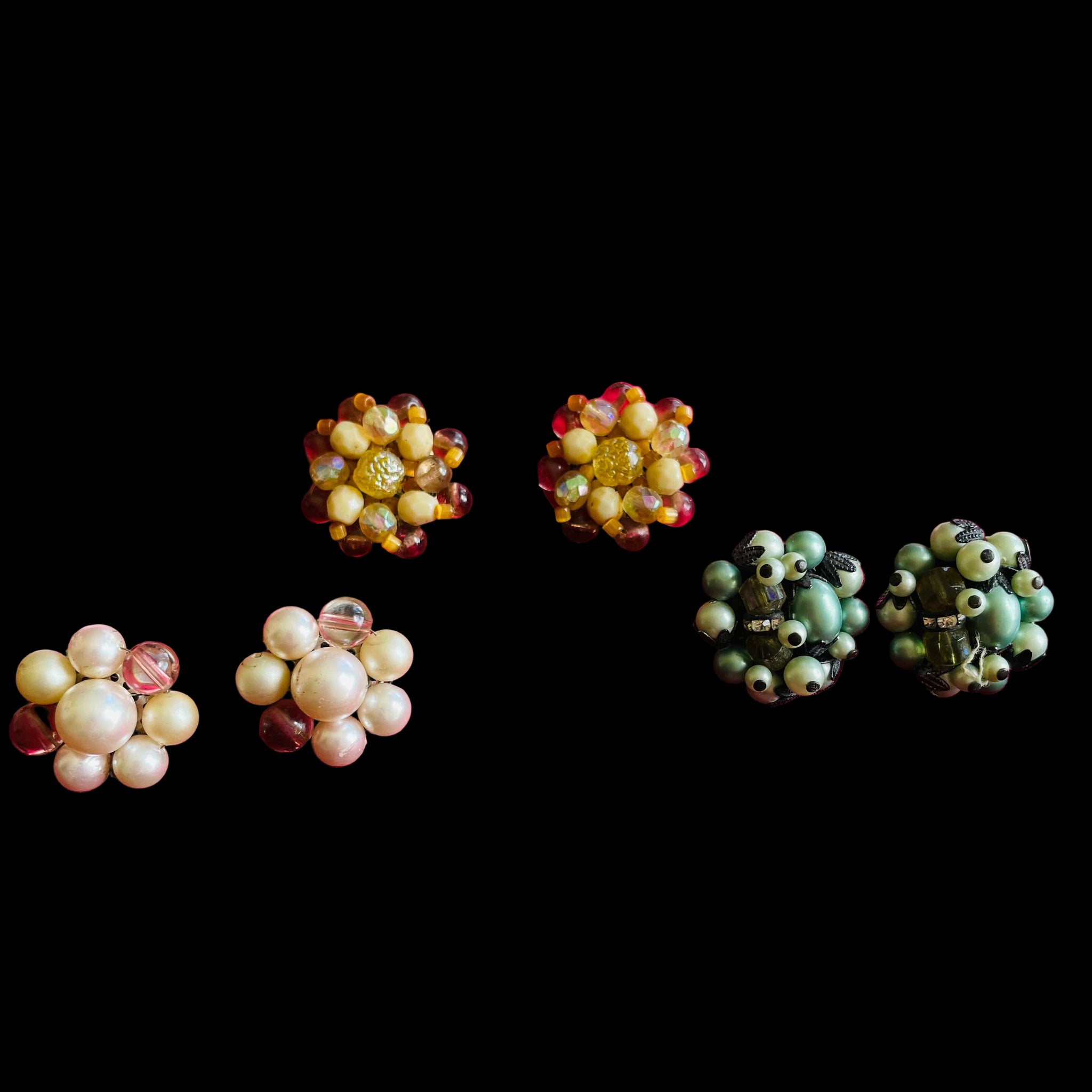 3 Vintage 40s Handmade Cluster Beaded Clip Earrings