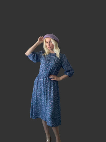 80s Vintage Studio 36 Dark Blue Poly Floral Leaf Print Midi Dress. M