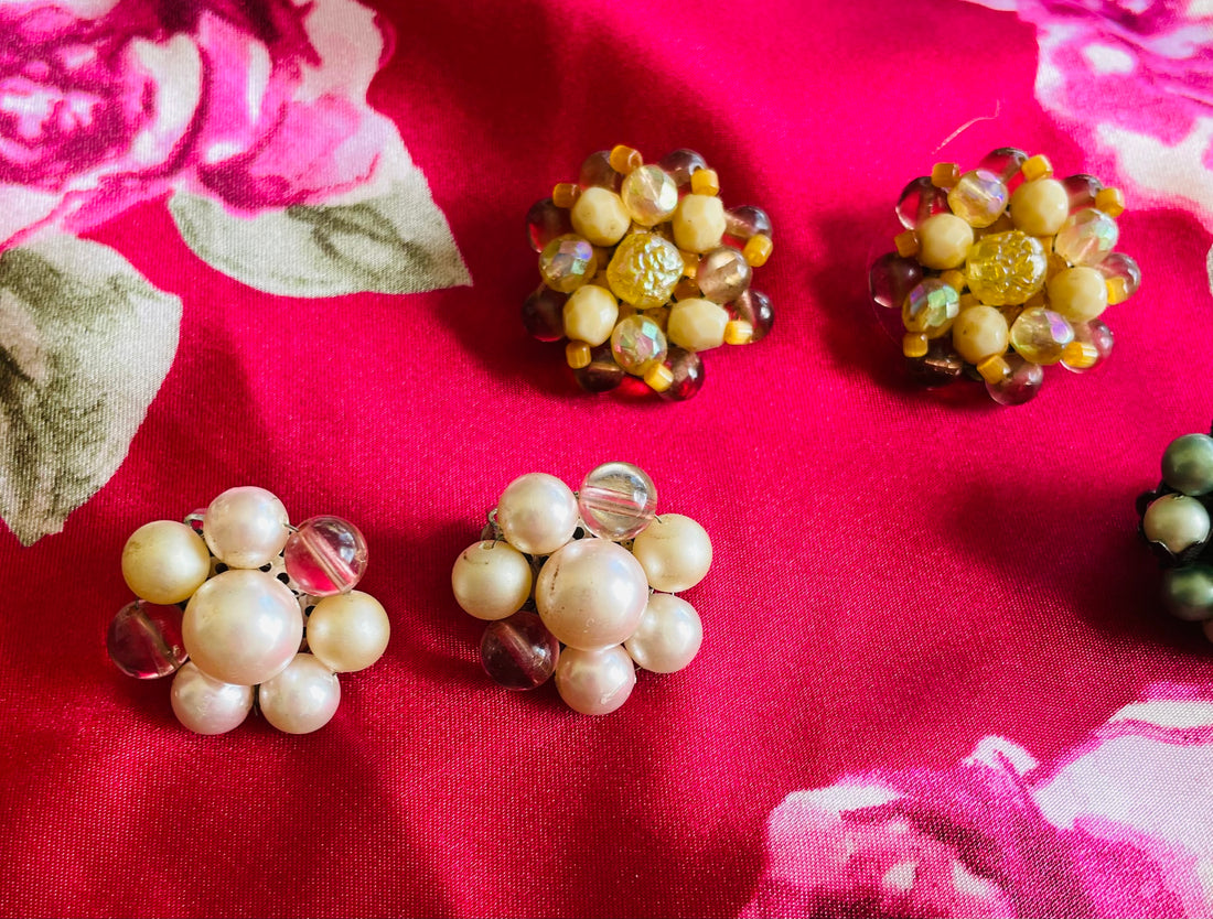 3 Vintage 40s Handmade Cluster Beaded Clip Earrings