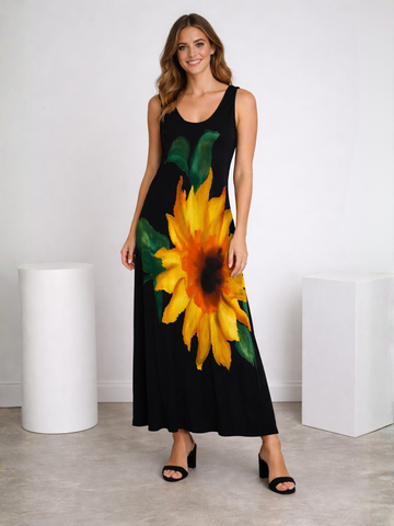 90s Artsy Black Rayon Sun Flower Painterly Long Dress. Sm