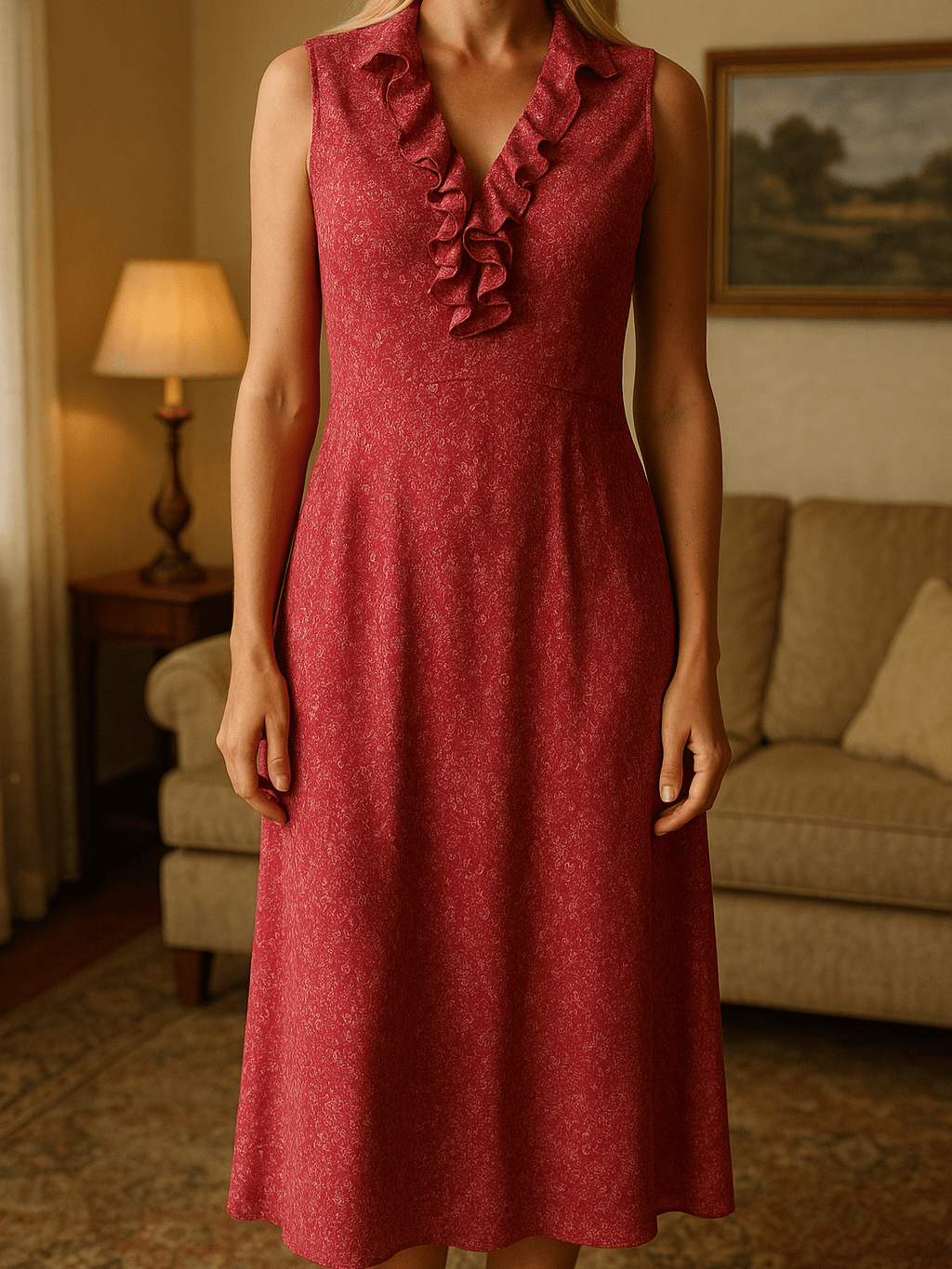 90s Vintage 100% Silk Print Sleeveless Ruffled Neckline Long Dress M/L
