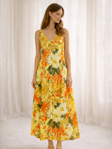 90s Vintage Florida Casual Floral Rayon Back Tie Midi Dress Lg