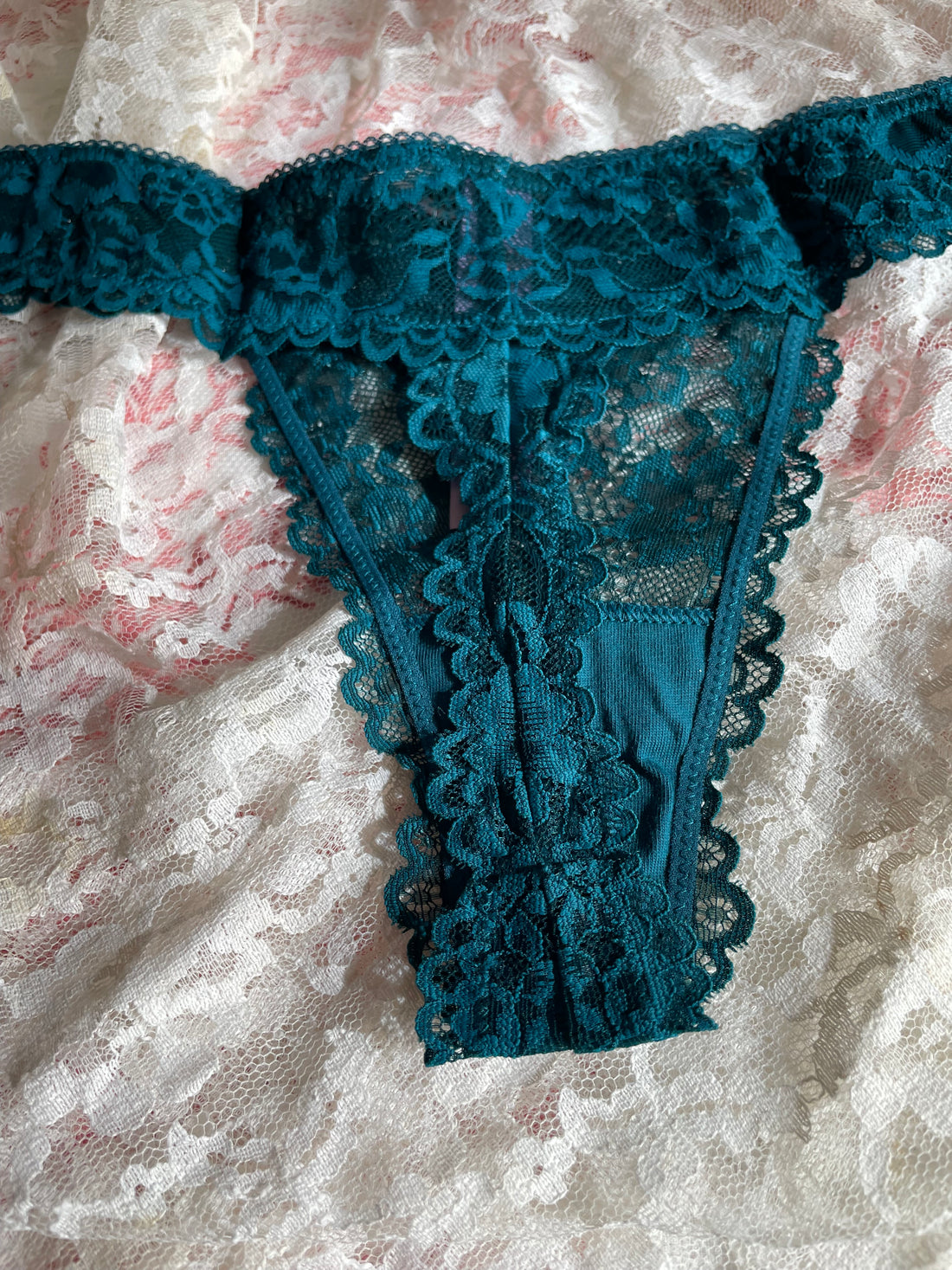 New Savage & Fenty Blue/Green Tones Sheer Lace Lingerie Thong Med
