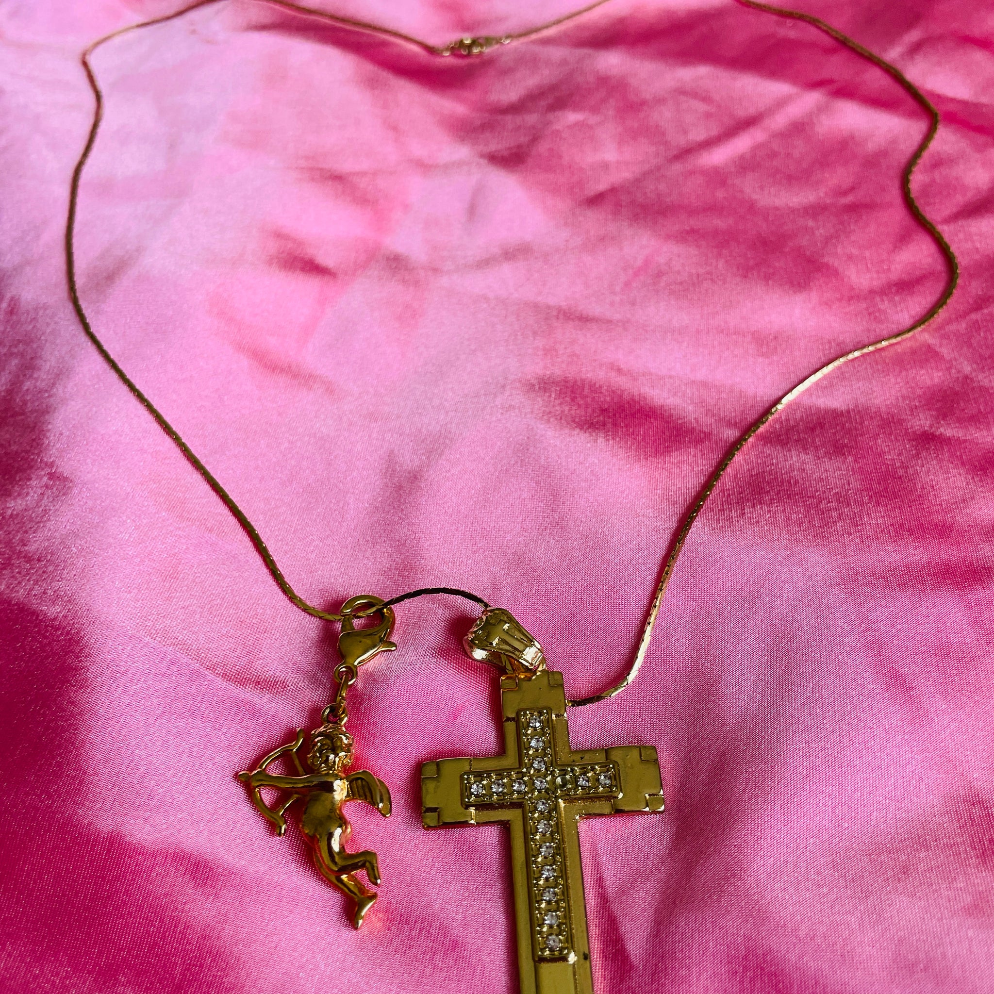 90s Gold Tone Chain Cross & Cherub Pendant Necklace