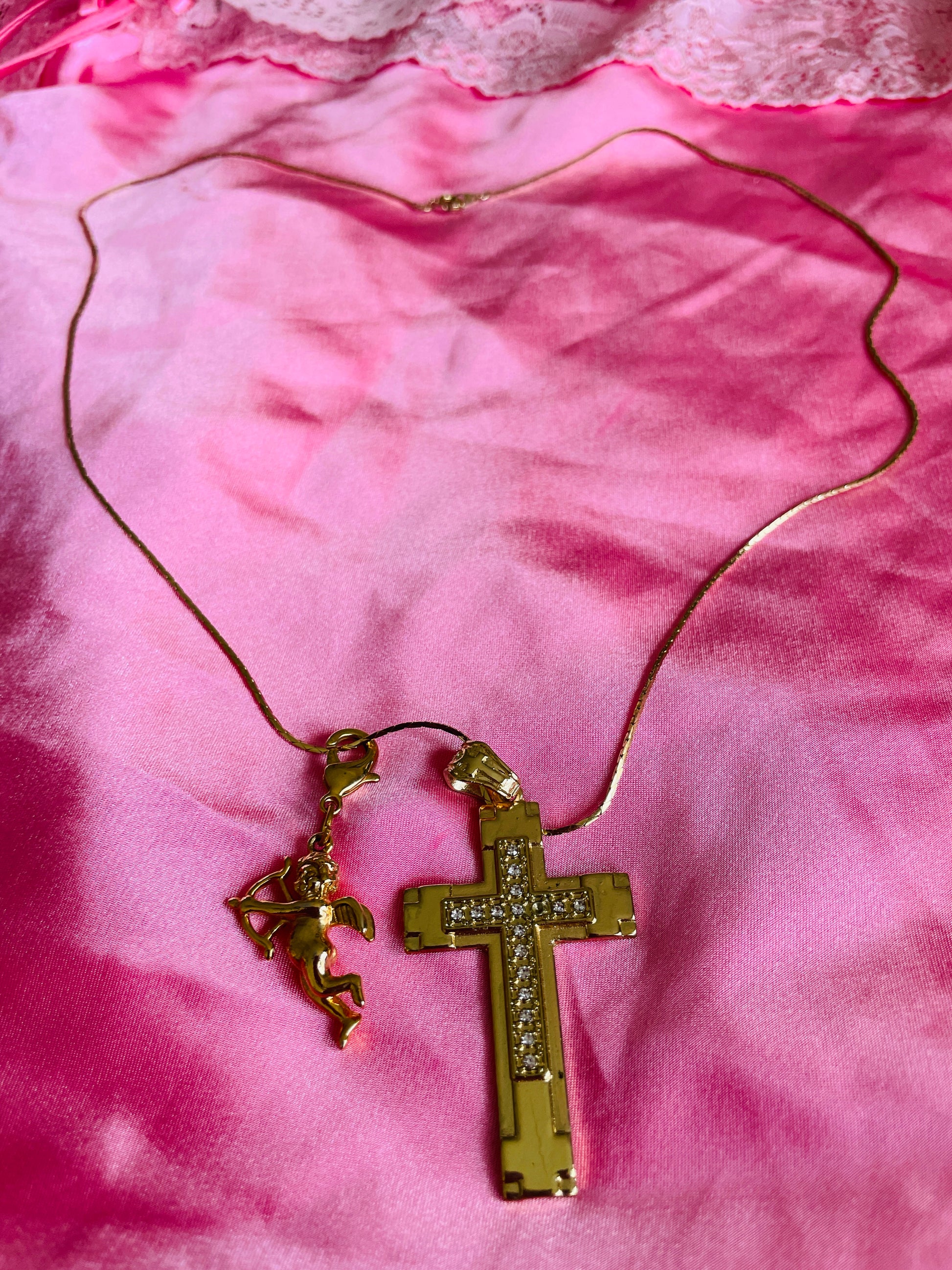  90s Gold Tone Chain Cross & Cherub Pendant Necklace