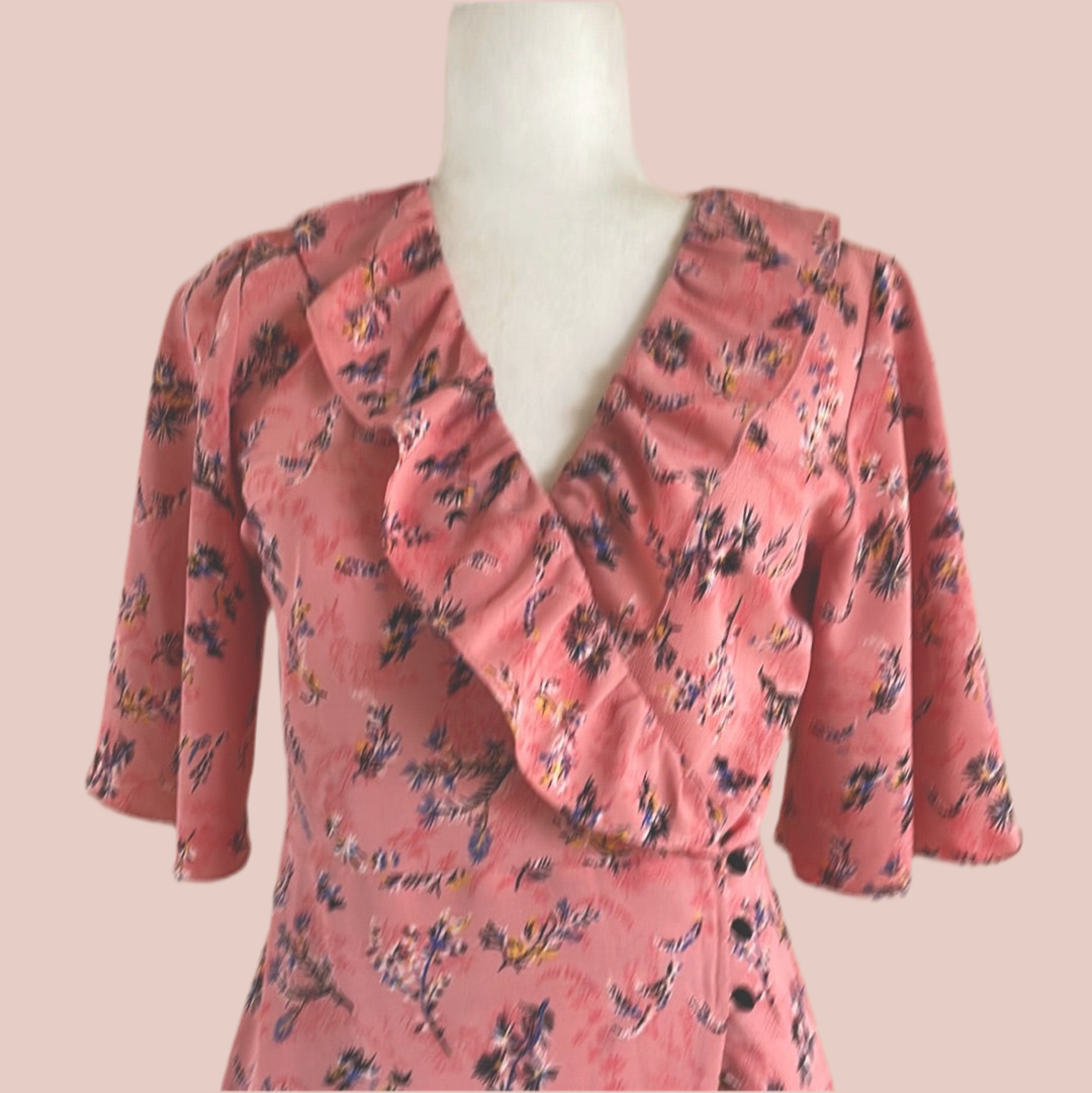 2000s Ruffled Floral Leaf Poly Pink Wrap Micro Mini Dress S