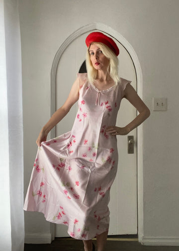 90s Oscar de la Renta Pink Label Silky Poly Floral Pink Lingerie Slip Gown S