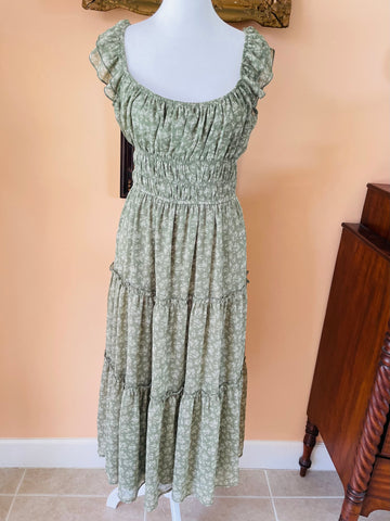 2000s Sage Green Floral Tired Ruffle Midi Dress S
