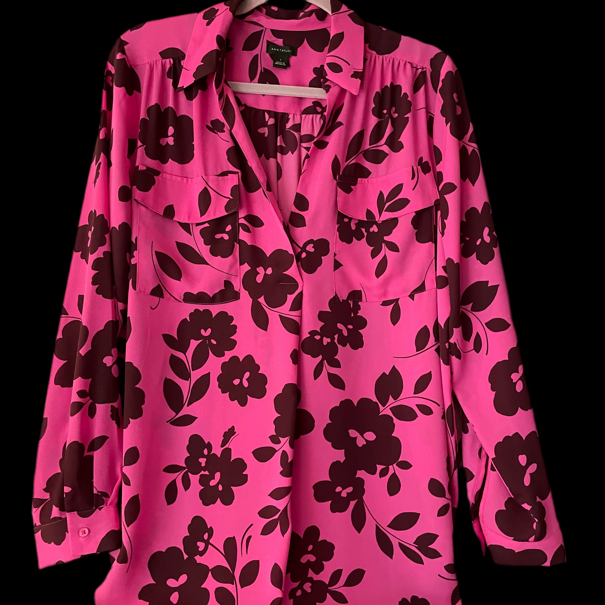 Flower Style 2000s Silky Poly Cuffed Pockets Loose Fit Blouse Lg
