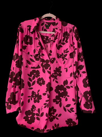 Flower Style 2000s Silky Poly Cuffed Pockets Loose Fit Blouse Lg