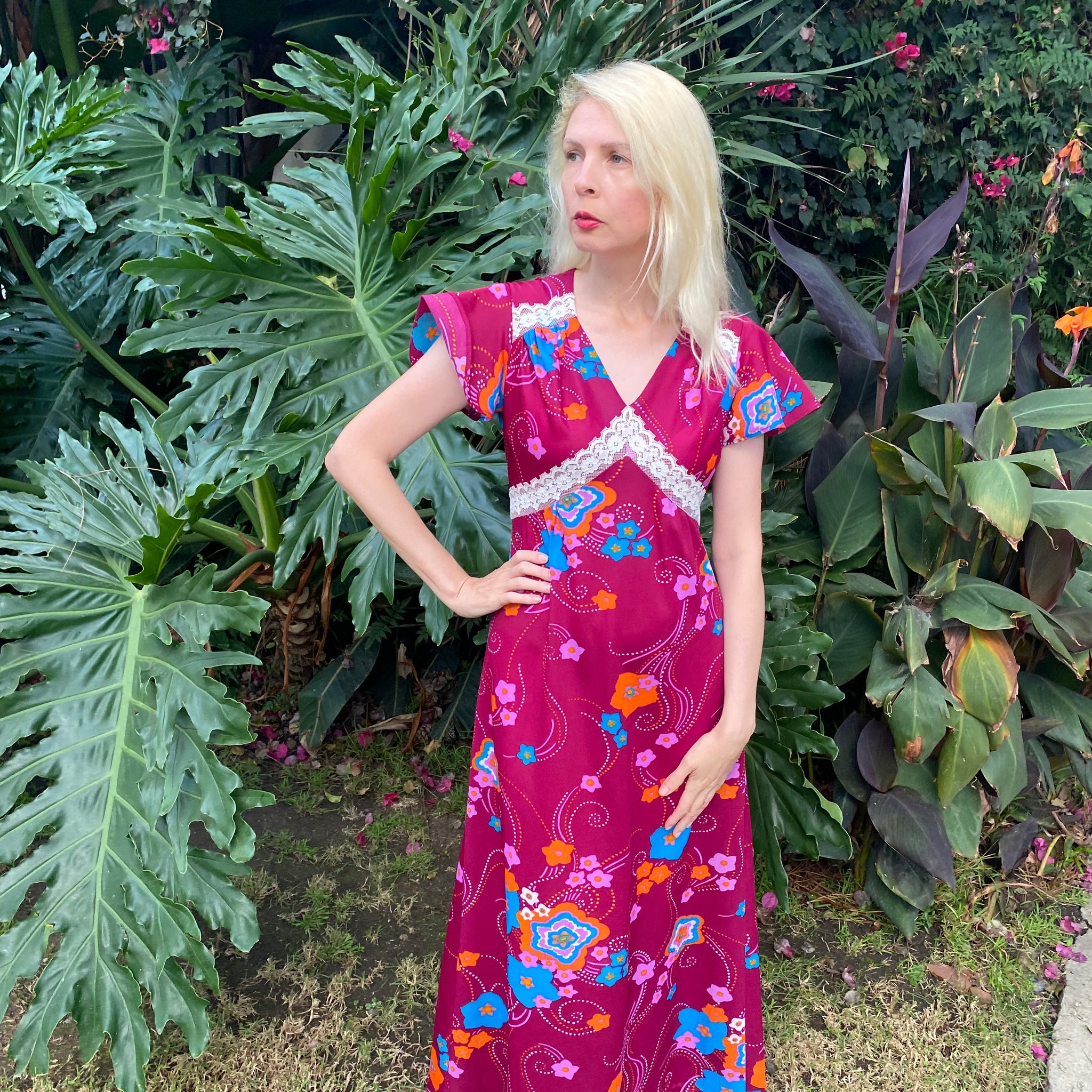 Vintage 70s Handmade Burgundy Floral Lace Maxi Dress Sm