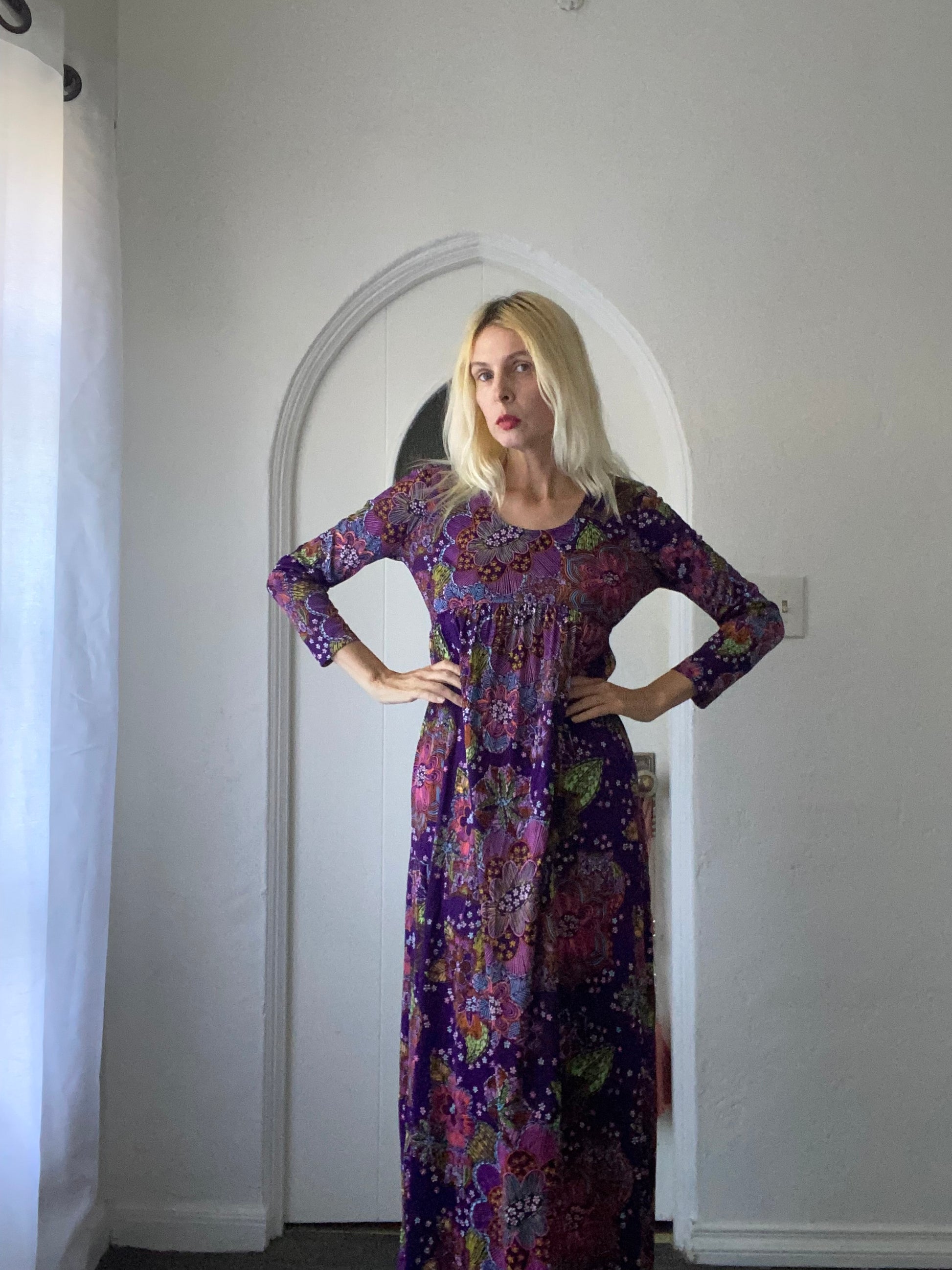  70s Vintage Handmade Purple Floral Print Poly Empire Waist 20” Side Slits Back Zip Maxi Dress S