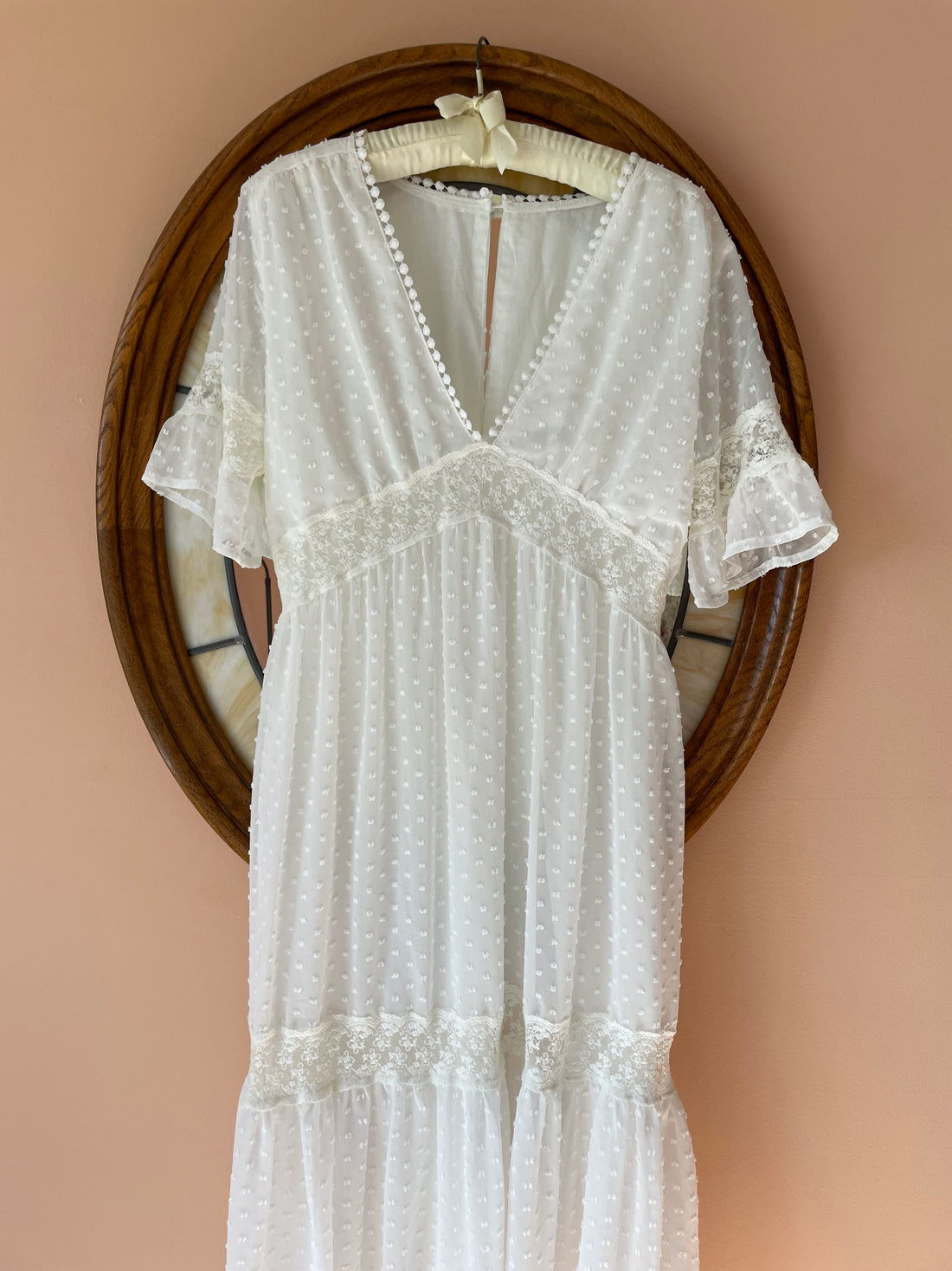 90s Vintage White Sheer Poly Dotted Lace Design Tiered Pullover Maxi Dress L