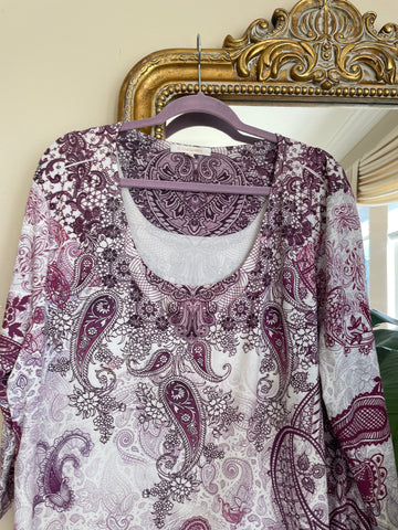 2000s Silky Poly Purple Paisley Floral Top 3X