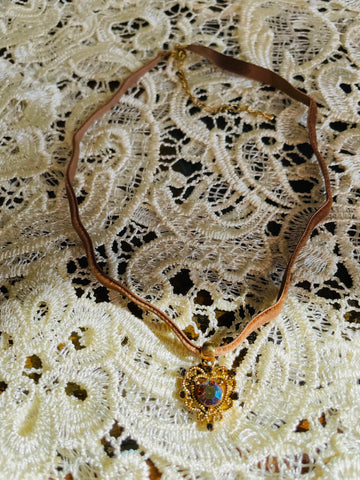Vintage Iridescent Heart Pendant Brown Velvet Ribbon Necklace