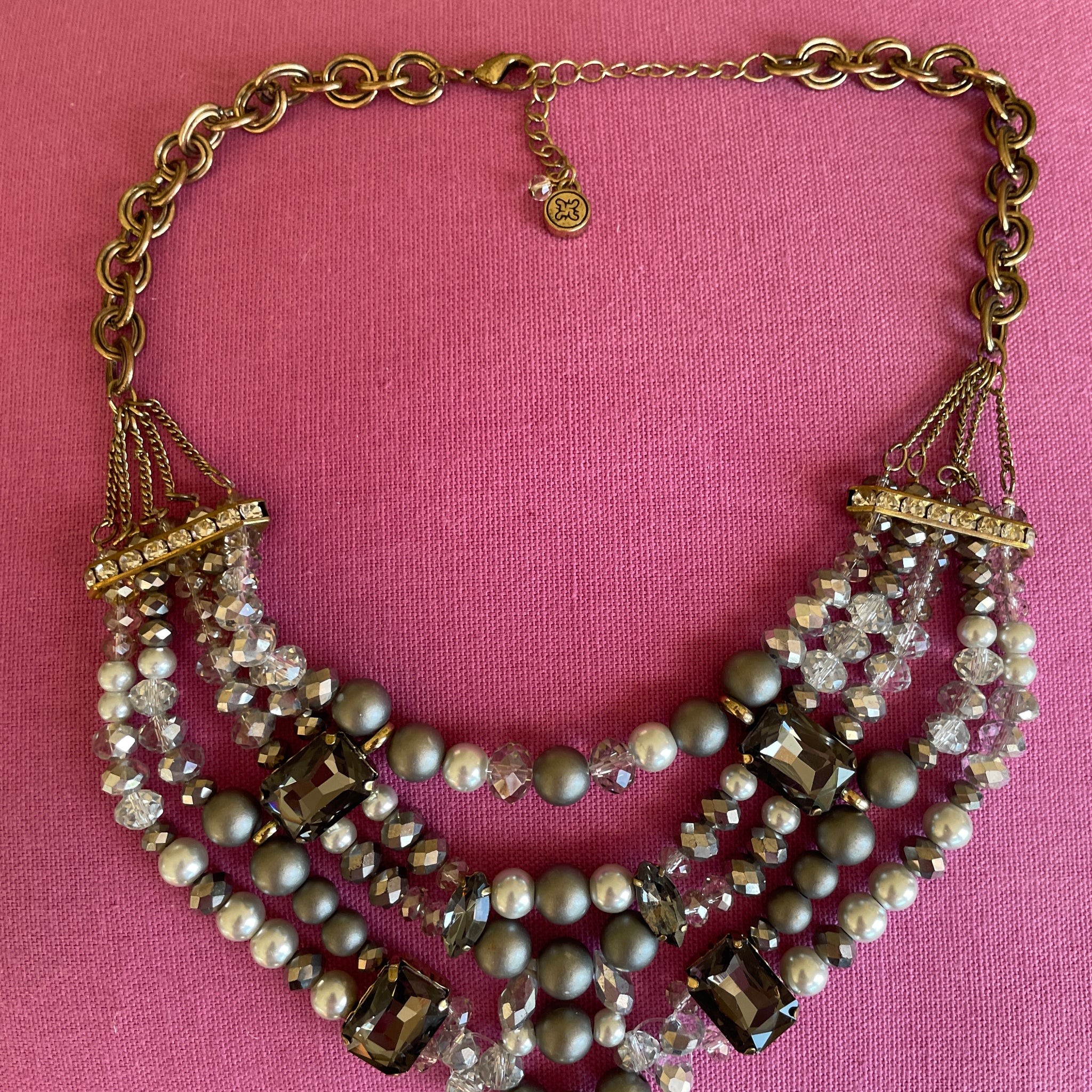 90s Vintage Gold Tone Gray Glass Acrylic Beads Rhinestones Glam Necklace