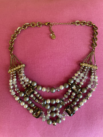 90s Vintage Gold Tone Gray Glass Acrylic Beads Rhinestones Glam Necklace