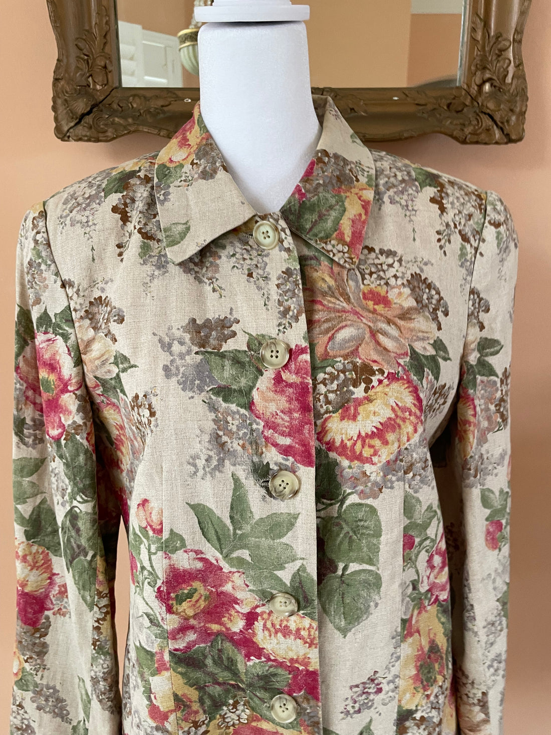 Vintage 80s Floral Linen Fabric Button Front Jacket Sm Petite