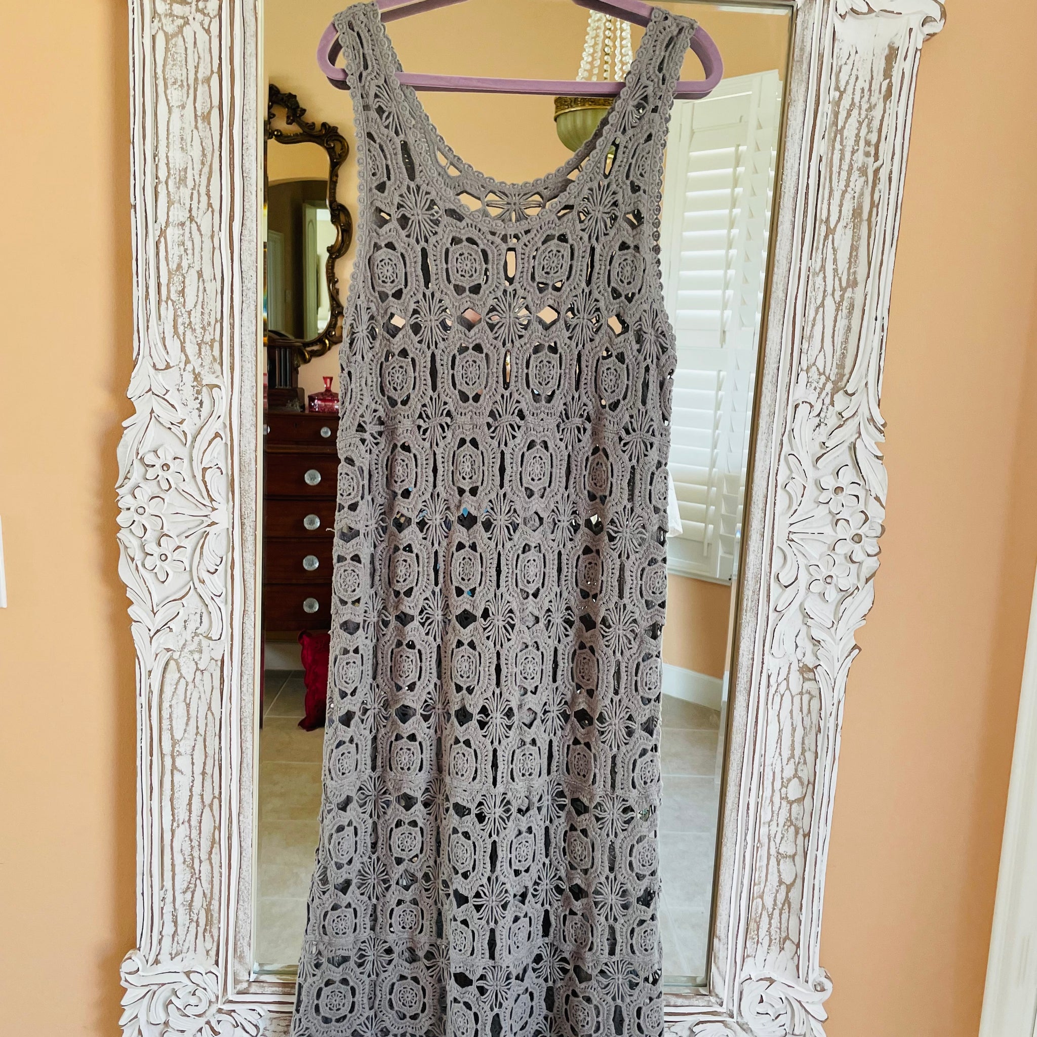 Gray Open Work Crochet Sleeveless Long Dress M