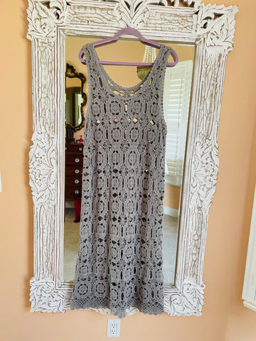 Gray Open Work Crochet Sleeveless Long Dress M