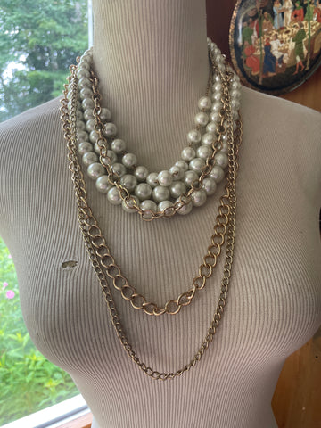 Multiple Layered Chains Faux Pearl 2000 Costume Statement Necklace