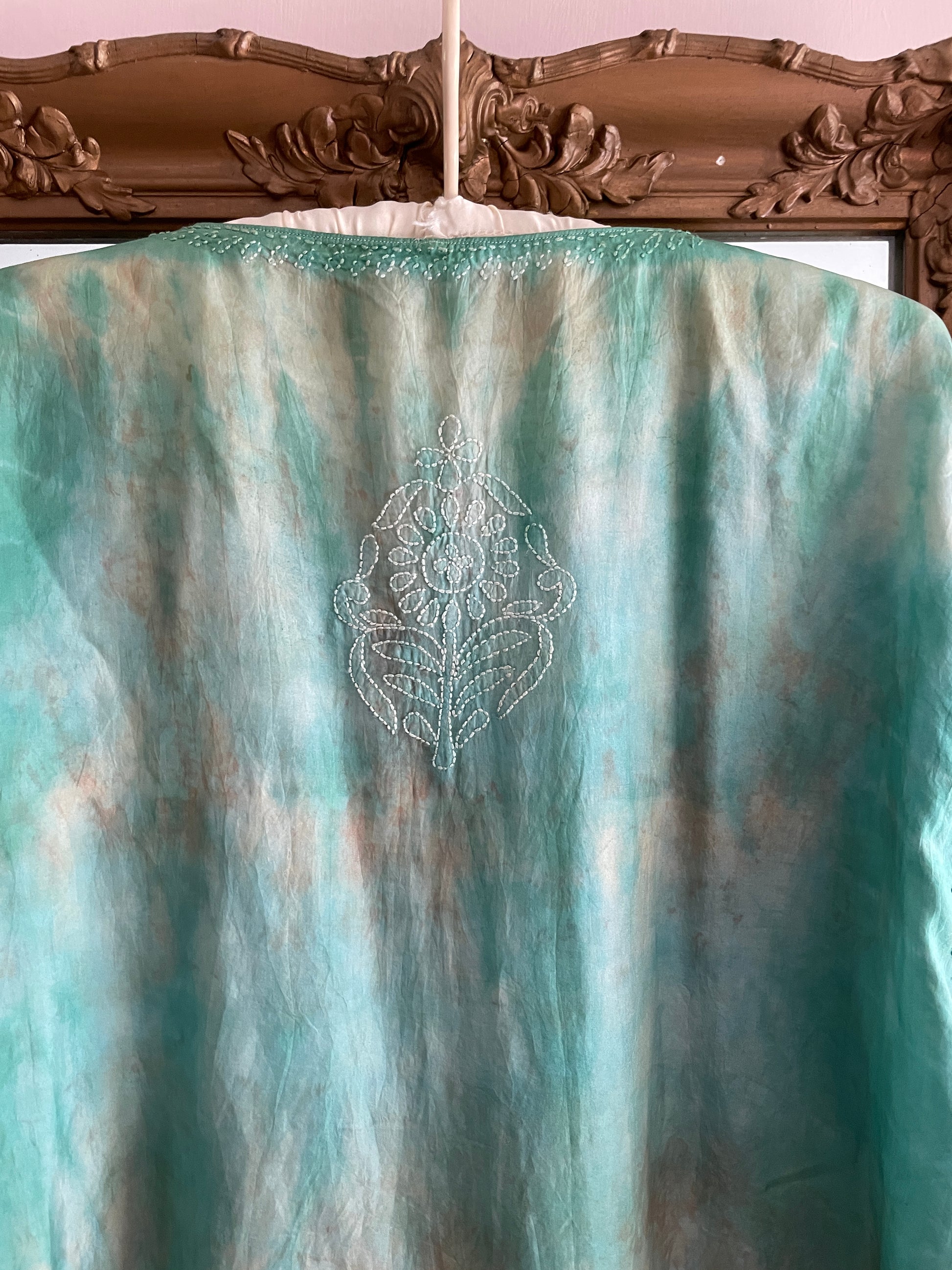  2000s Green Silk Space Dye Embroidered Boho Casual Top L