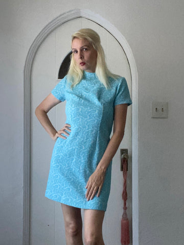 Vintage 60/70’s Handmade Blue Textured Paisley Print One of a Kind Short Dress Sm