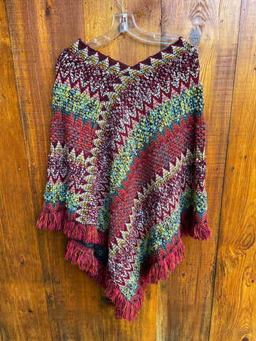Casual Loose Fit Autumn-Winter Multicolor Fringed Knit Poncho