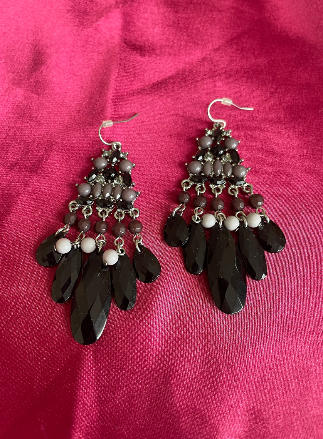 Lovely Black Glass Beaded Chandelier Pierced Earrings