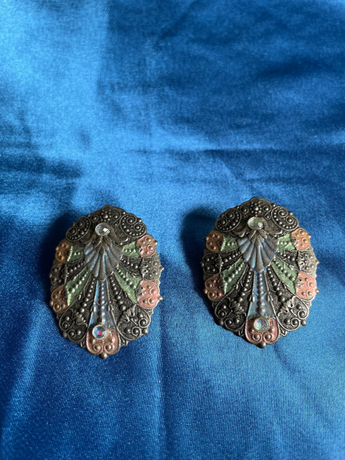 90s Vintage Unique Art Deco Style Enamel Metal Pierced Earrings