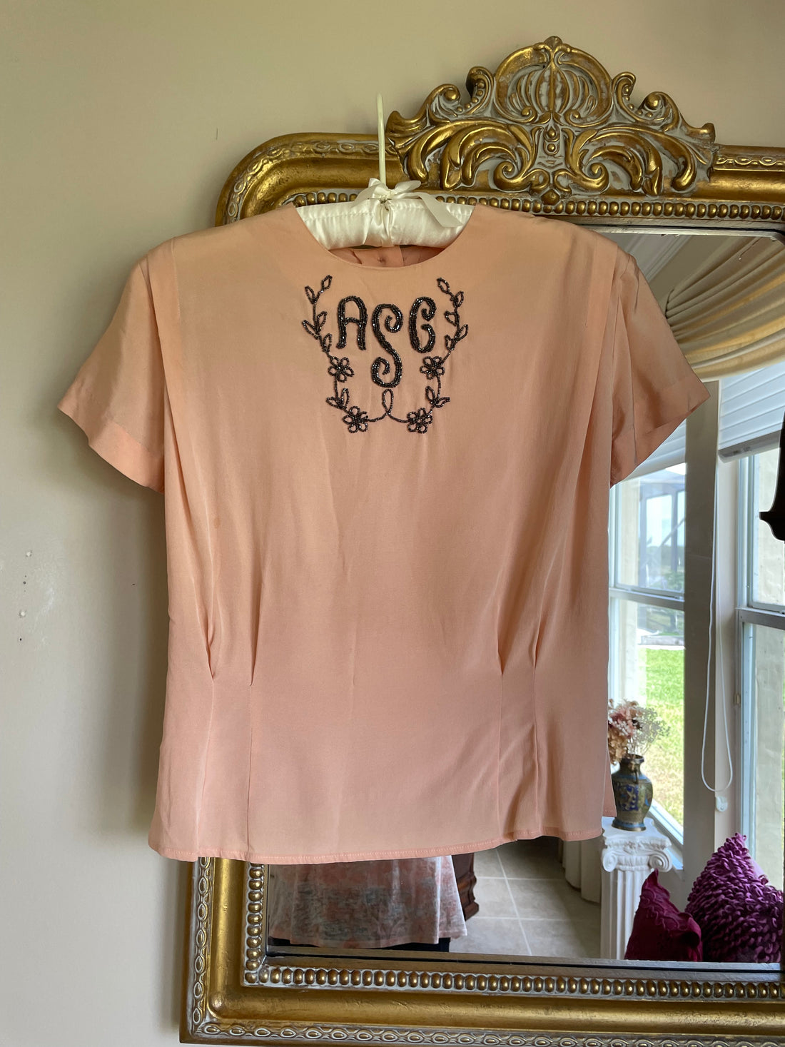Vintage 80s Pink Rayon Button Back Monogram ASG Top  Sm