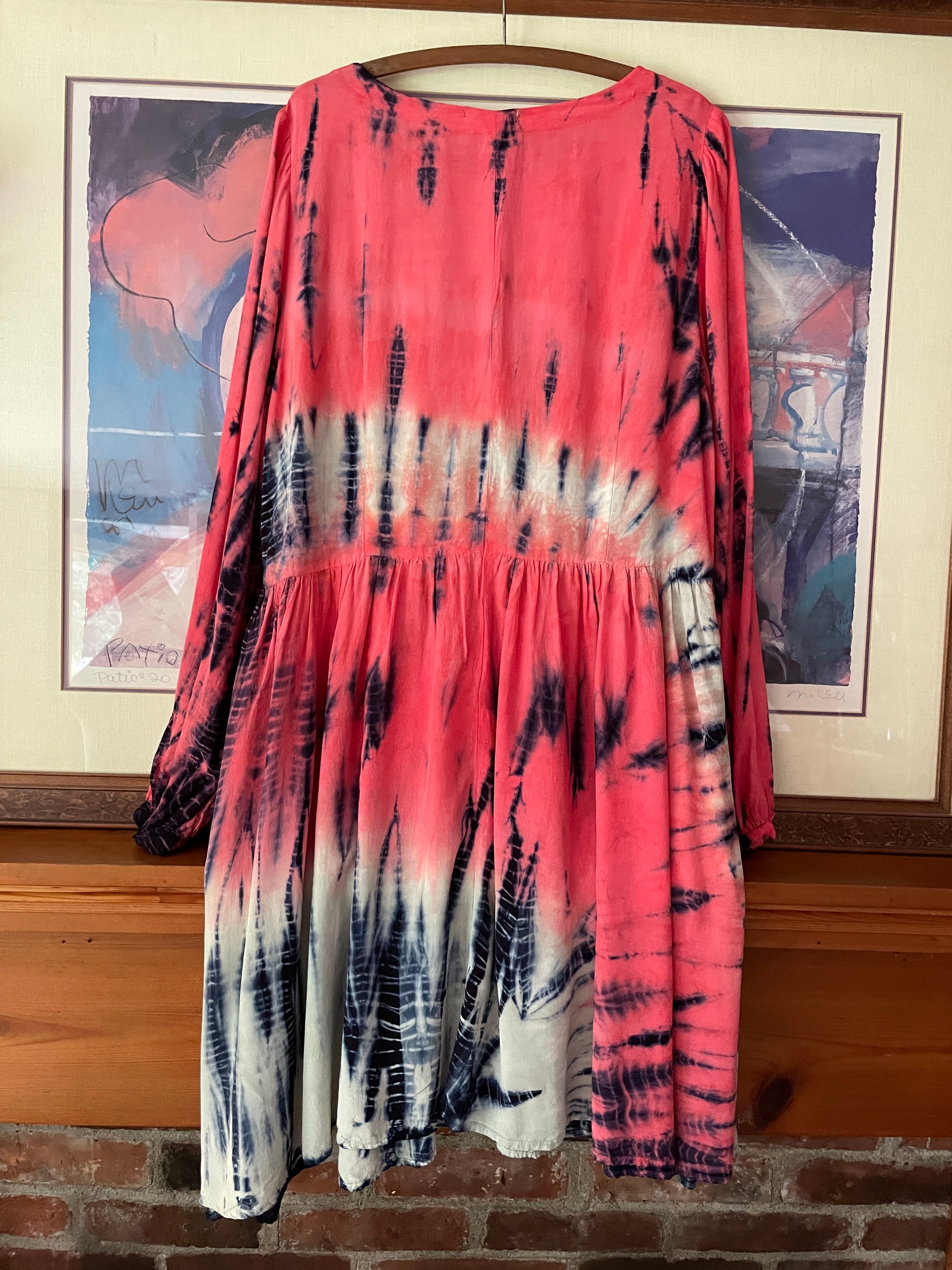 2000s Boho Red Abstract Tye Dye  Loose Fit Casual Dress M