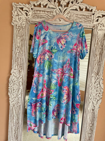 2000s Butterfly Fish Abstract Print Casual Beach Dress Med