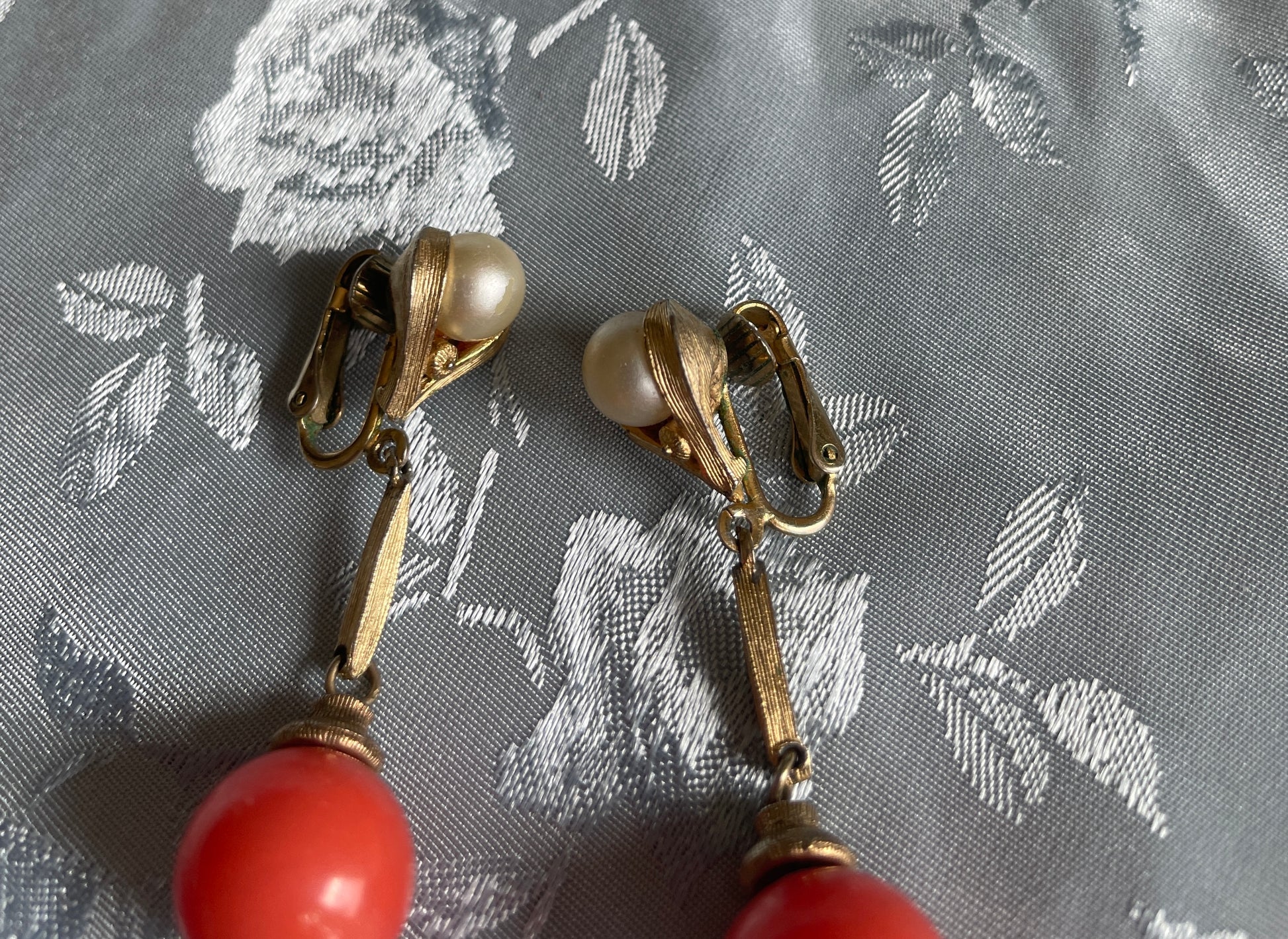  60s Orange Bead Faux Pearl Clip Earrings