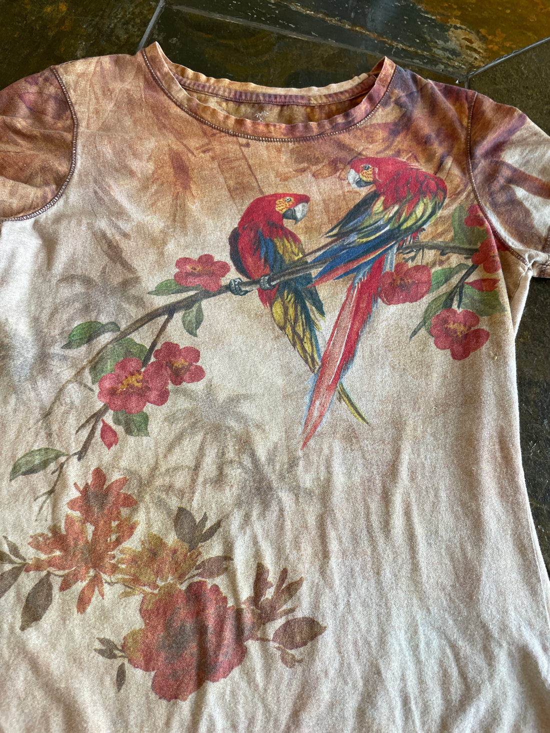2000s 100% Soft Cotton Tropical Parrots Floral T Shirt Top S