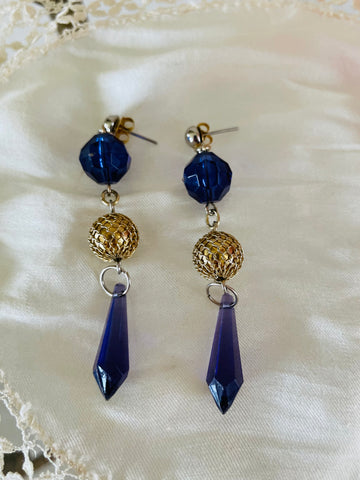 90s Vintage Purple & Gold Beaded  3” Drop Pierced Earrings.