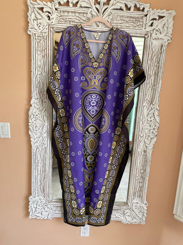 Purple Decorative Design Boho Maxi Caftan Beach Lounge Evening Dress Plus Size.